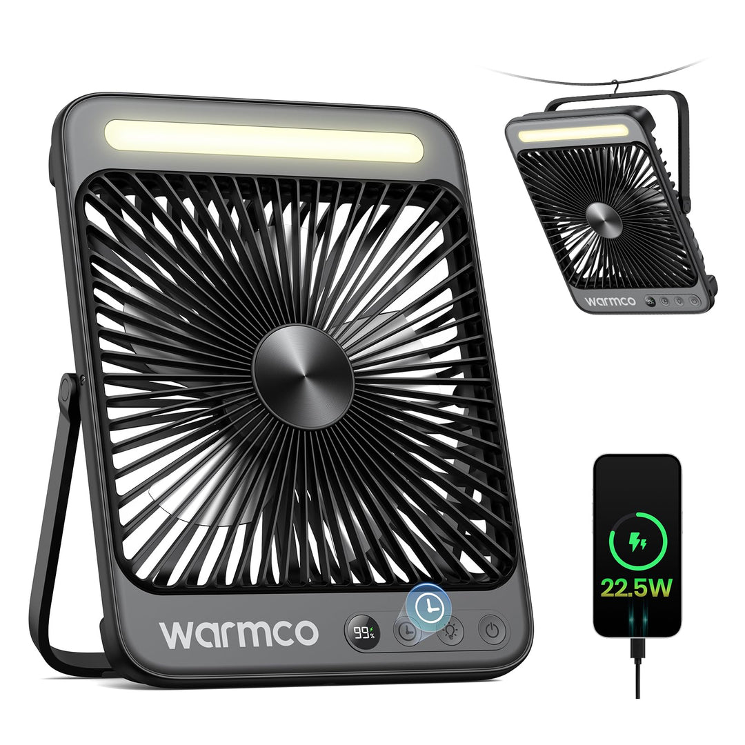 Warmco D4 Pro Camping Ventilator, 20000mAh 22.5W 27cm Ultra-Dünner Akku Ventilator mit LED-Licht, 15