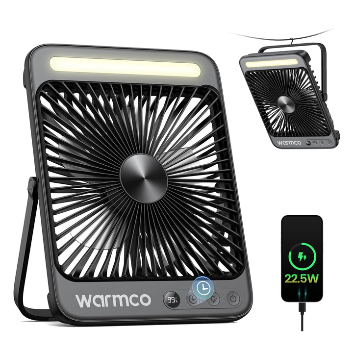 Warmco D4 Pro Camping Ventilator, 20000mAh 22.5W 27cm Ultra-Dünner Akku Ventilator mit LED-Licht, 15