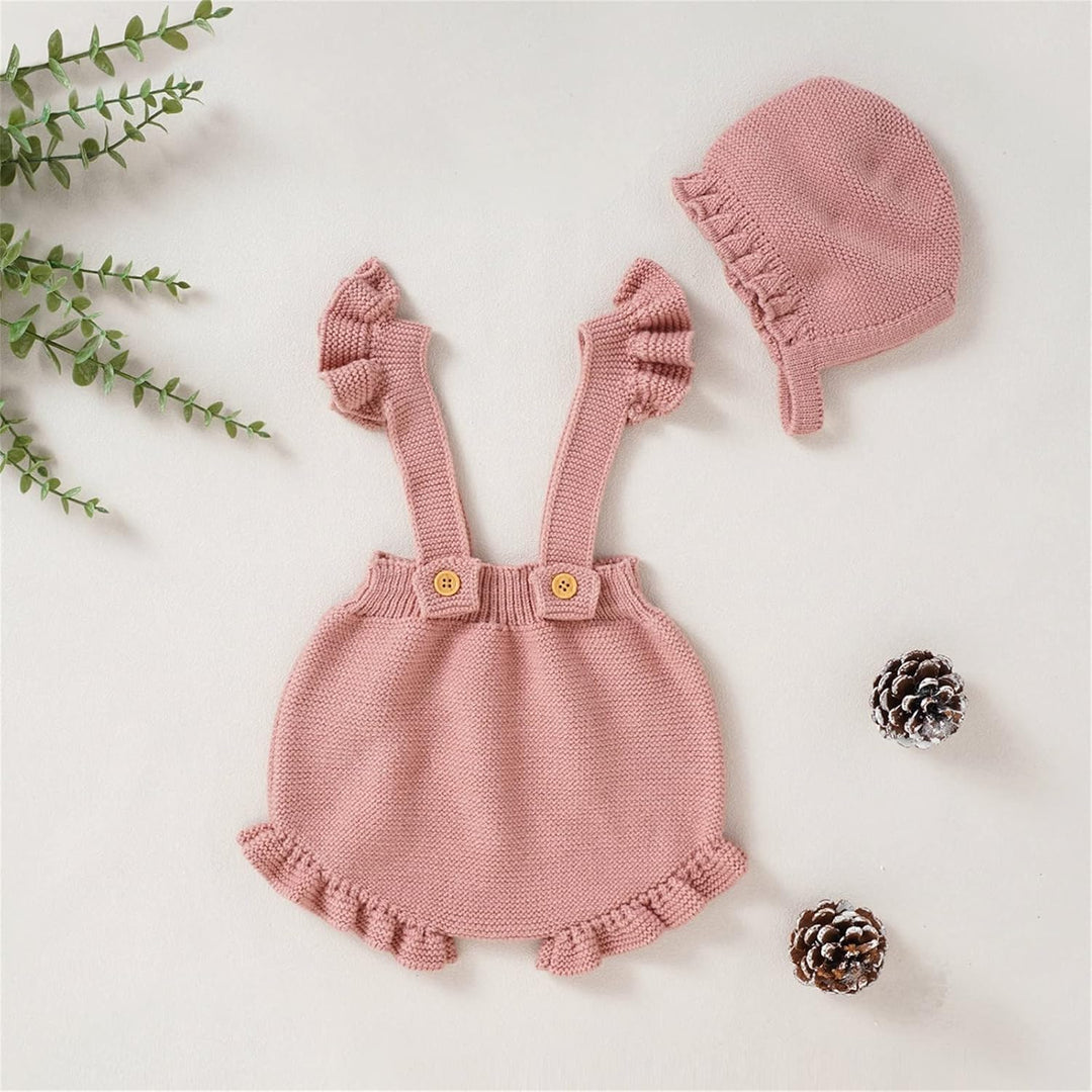 Neugeborenes Mädchen Strap Solide Gestrickte Rüschen Pullover Baby Overall Strampler Mit Hut Outfits