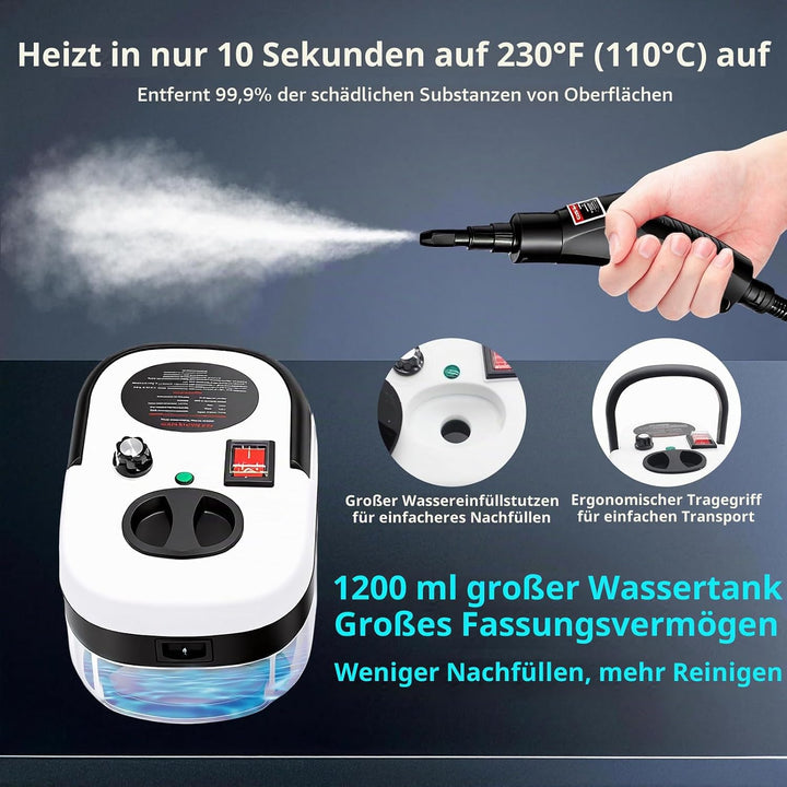 Dampfreiniger Handgerät 1500W, Multifunktionaler Steam Cleaner 1200ml Tank, tragbarer Dampfreiniger