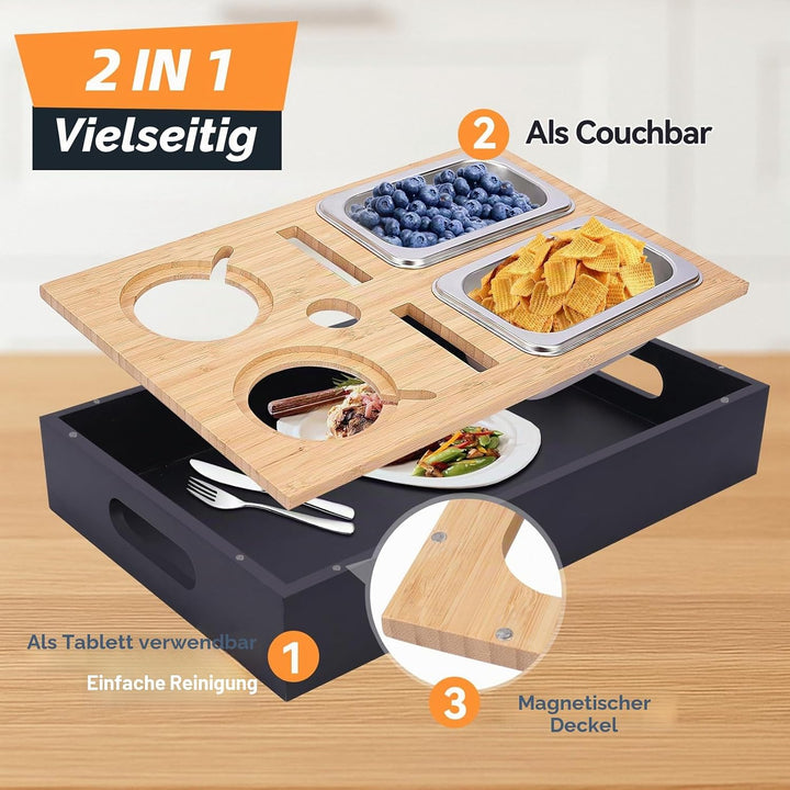 Couchbar Snackbox,Sofa Tablett,Mit Snackschalen Aus Edelstahl,mit Abnehmbarer Deckel,Couch Tablett,S