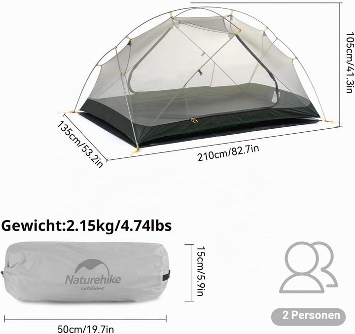 Naturehike Mongar Ultraleichtes Zelt 2 Personen Wasserdicht &amp; Winddicht Kuppelzelt Kleines Packmass