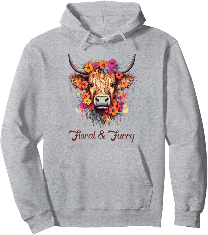 Floral &amp; Furry Highland Cow Pullover Hoodie