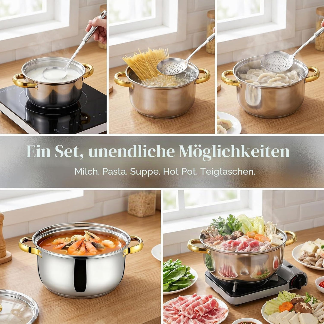 Topfset Induktion 5-teilig,Kochtopf Set mit Glasdeckel Stay-Cool-Griffe Messmarkierungen Ausgiessran