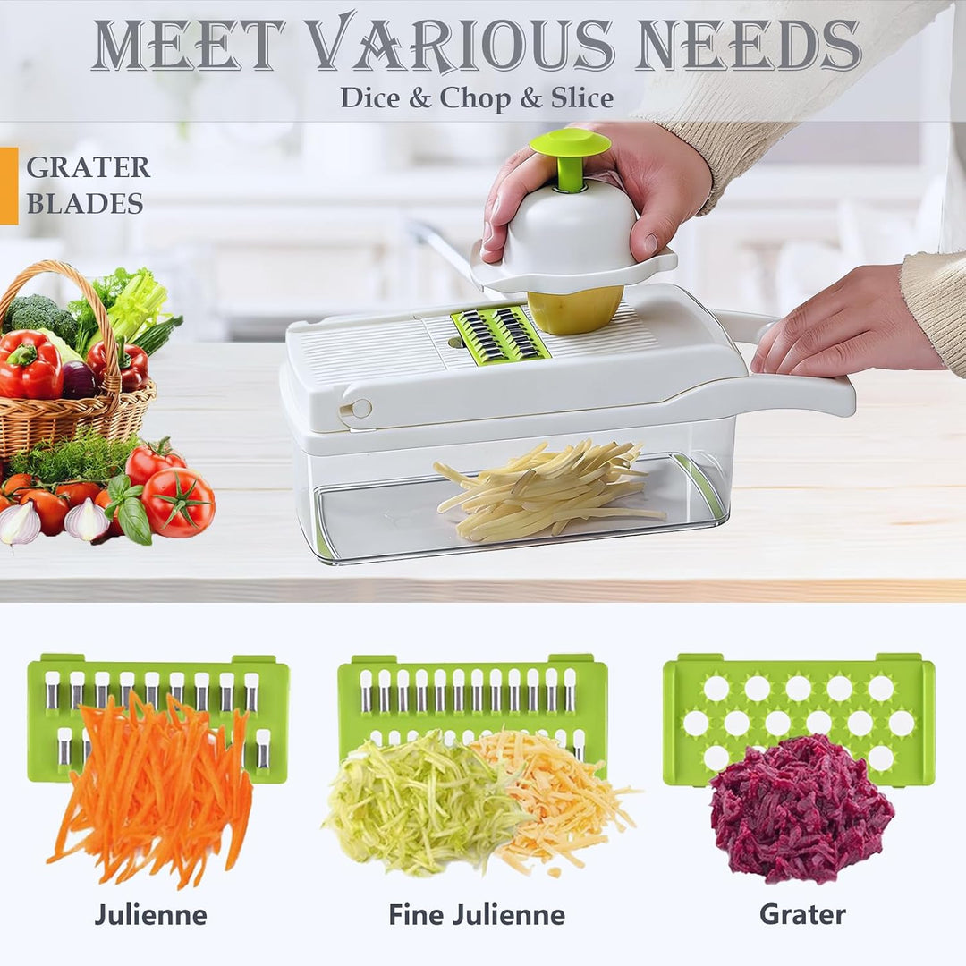 Gemüseschneider Gemüsehobel Reibe Zwiebelschneider Mandoline Dicer Chopper, Weiss 10 Klinge