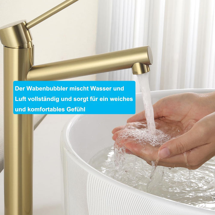 Hoch Waschtischarmatur Matt Gold, Wasserhahn Bad Hohe Armatur für Aufsatzwaschbecken, Einhebelmische