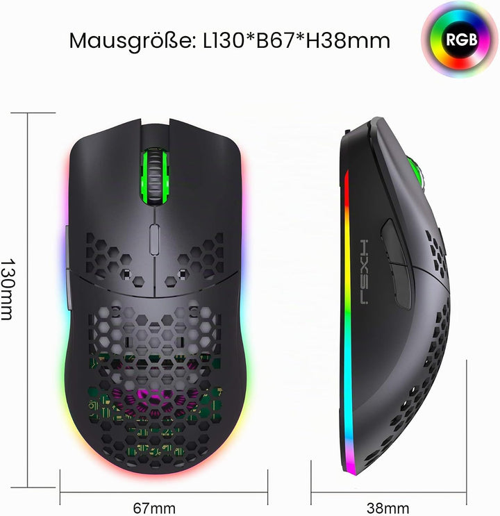 Drahtlose Gaming Maus, 2,4G Superleichte Wabenschale Ergonomische RGB-Mäuse mit 750mAh Akku, Energie