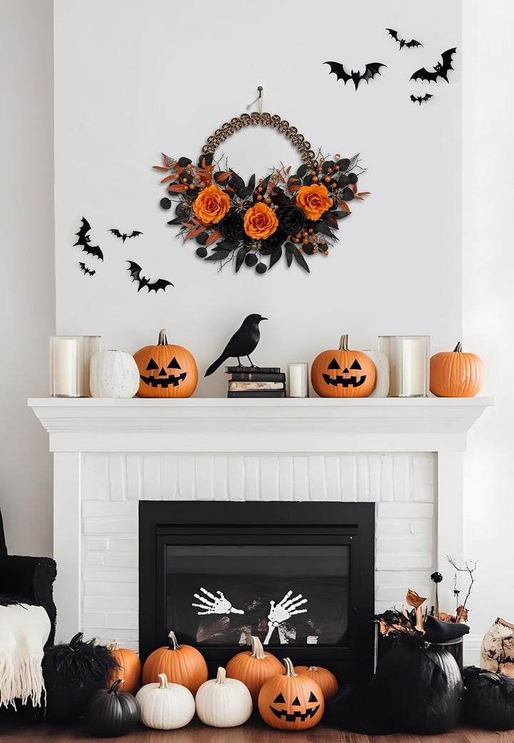 Briful Halloween Türkranz 66cm – Künstlicher Gruselkranz mit Schädel, Spinne, Schwarze &amp; Orange Rose