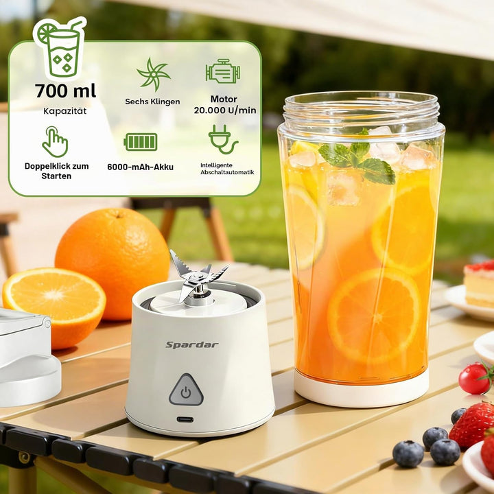 Smoothie Maker to go, 700 ml Portable Blender, 6000 mAh, Selbstreinigungsfunktion, Inklusive 6 Schar