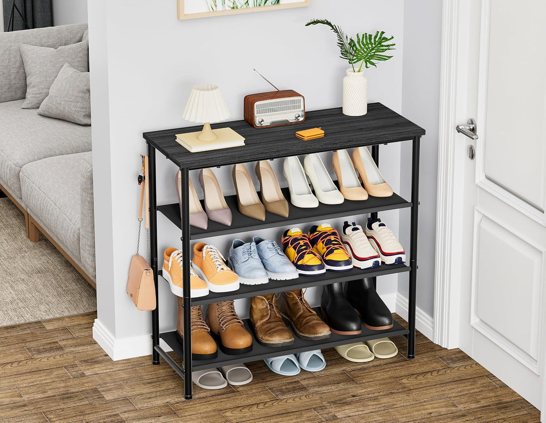 HOMIDEC Schuhregal,4-Ebenen Schuhablage mit Holzbrett als oberstes Regal 75*71*30cm Schwarz, 75*71*3