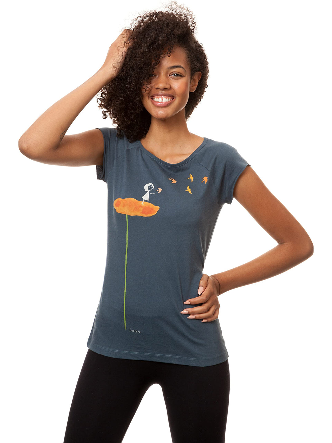 FellHerz Damen T-Shirt Schwalbenzug Blau-Grau Bio Fair und Vegan XS Blau, XS Blau
