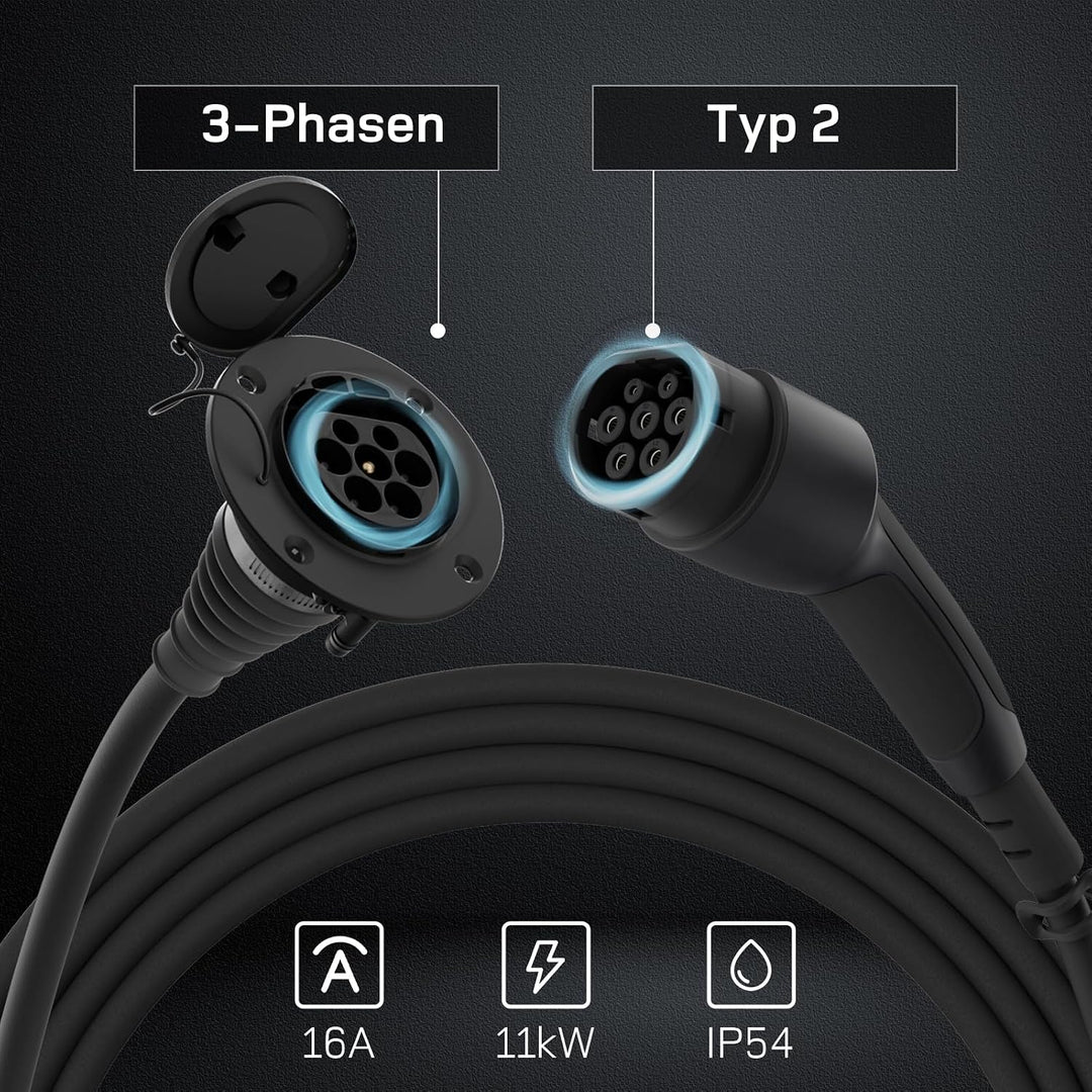 dé Typ 2 Verlängerungskabel für Wallbox[5m, 11kW, 16A] 3-phasig Ladekabel 11kW 5m, 11kW 5m