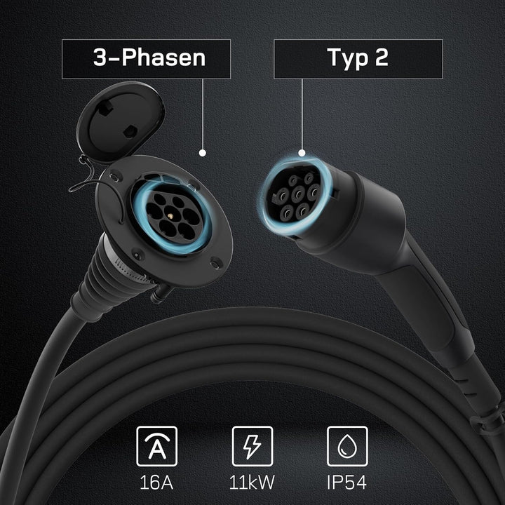 dé Typ 2 Verlängerungskabel für Wallbox[5m, 11kW, 16A] 3-phasig Ladekabel 11kW 5m, 11kW 5m
