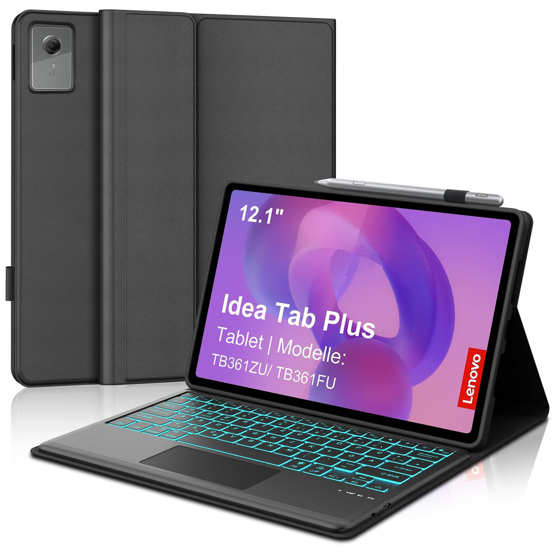 Für Idea Tab Plus 12.1" Hülle mit Touchpad &amp; Beleuchtung QWERTZ Schwarz Idea Tab Plus 12,1" (2025) T