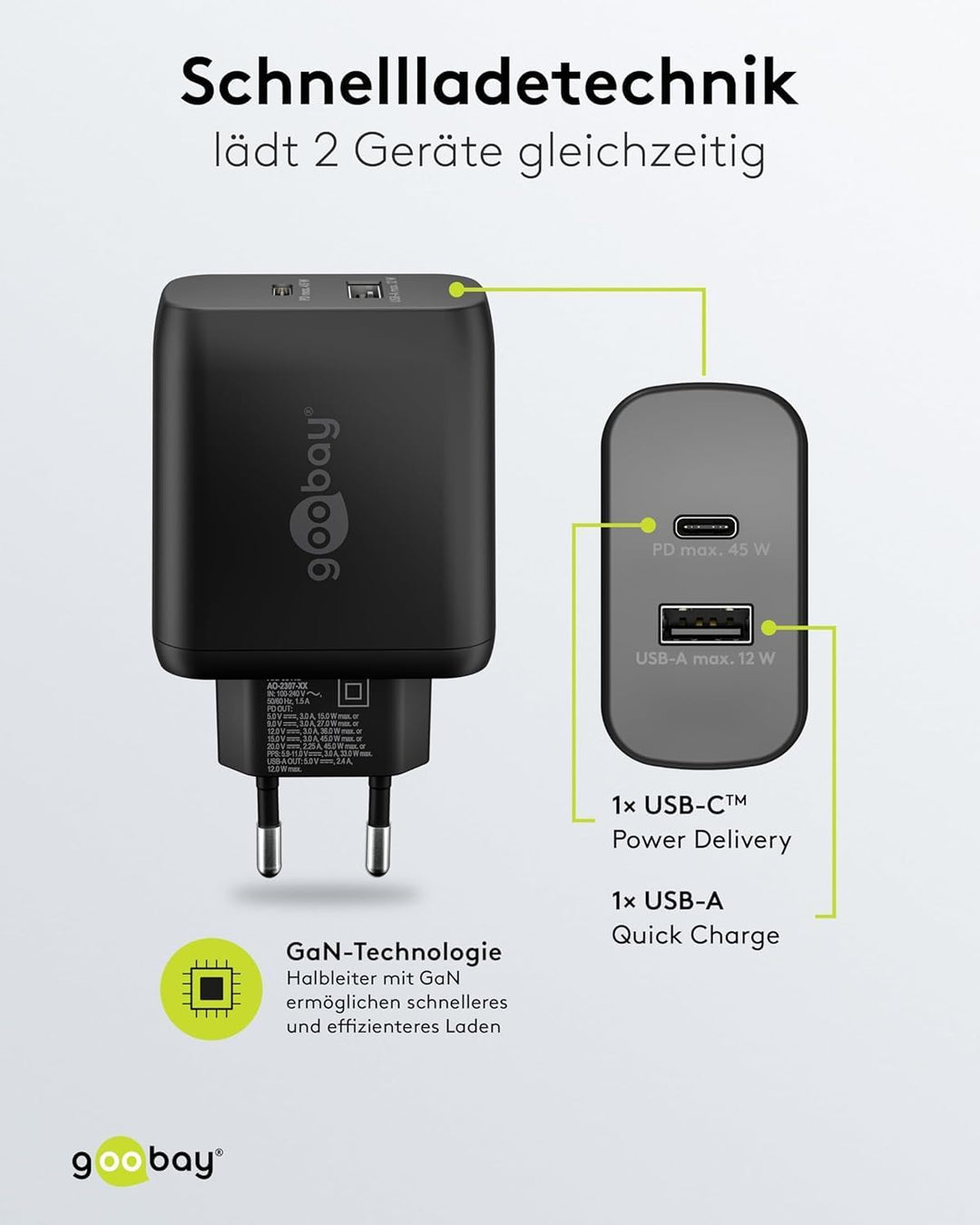 Goobay 65411 Dual Ladegerät 45W / USB-C &amp; USB-A Schnellladegerät Power Delivery/Ladenetzteil mit 2 U
