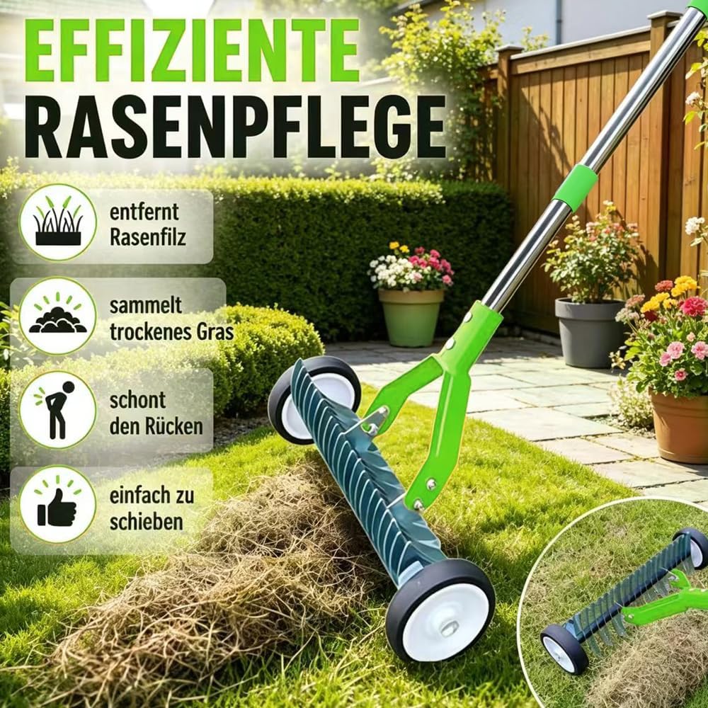 Handvertikutierer mit Rollen 165cm, vertikutierer Hand mit Gartenabfallsack, vertikutierrechen mit s