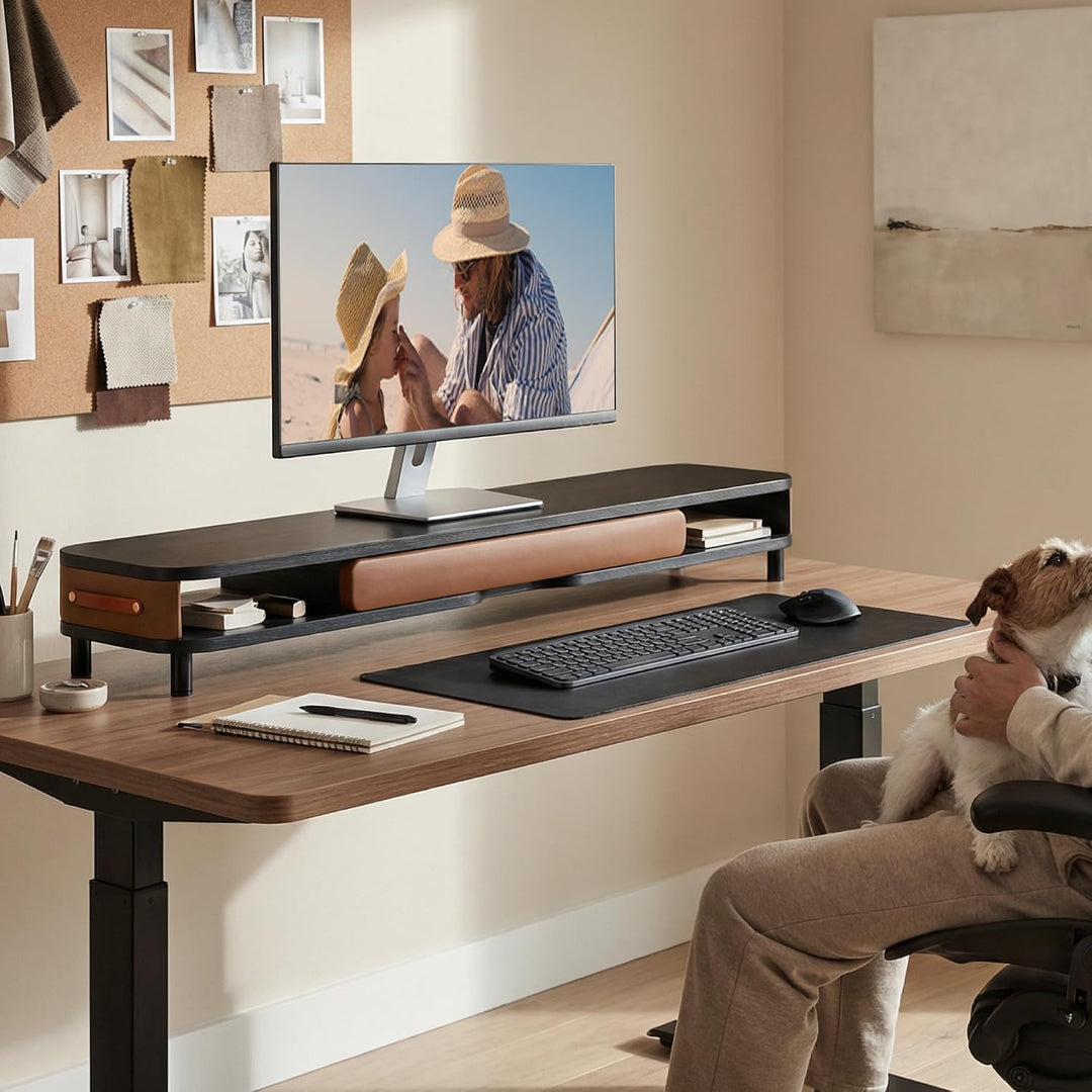 Fenge Dual Monitorständer mit Schublade, 108cm Bildschirmerhöhung mit Aluminiumbeinen &amp; Ledergriff,