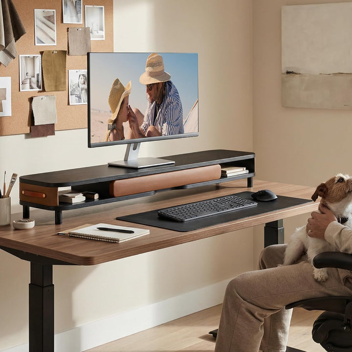 Fenge Dual Monitorständer mit Schublade, 108cm Bildschirmerhöhung mit Aluminiumbeinen &amp; Ledergriff,