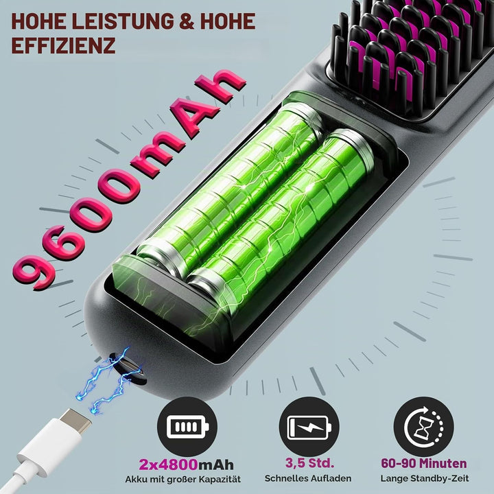 Glättbürste Kabellose 9600 mAh, 40 Millionen Negative Ionen Glättungsbürste, Wiederaufladbare Haargl