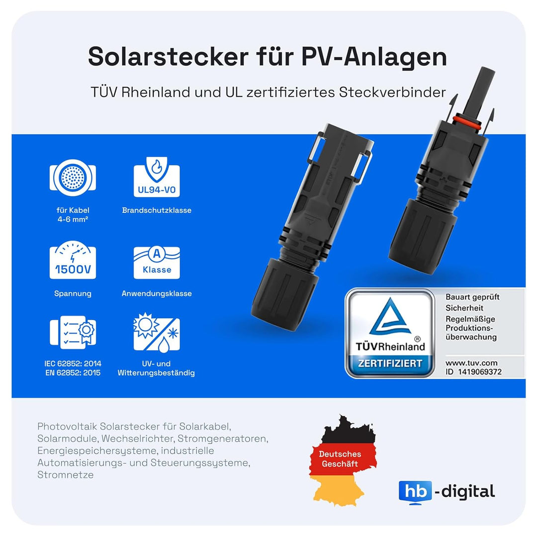 HB-DIGITAL 2x 20m 6mm² Solarkabel Verlängerungskabel Kabelpaar für Photovoltaik Anlagen H1Z2Z2-K mit