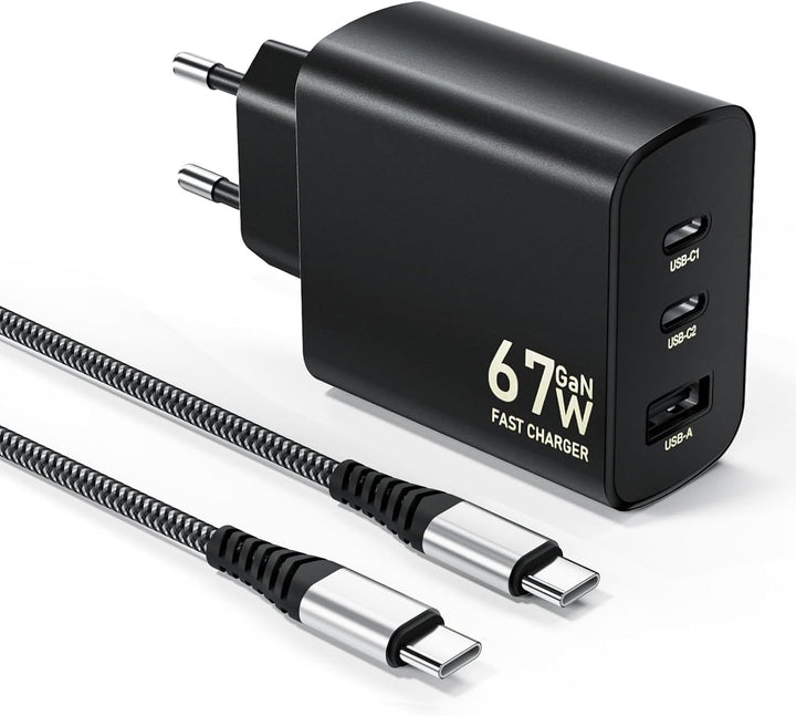 USB C Ladegerät 67W,3-Port GaN Schnellladegerät,Laptop Charger mit Kabel 2M Schwarz, Schwarz