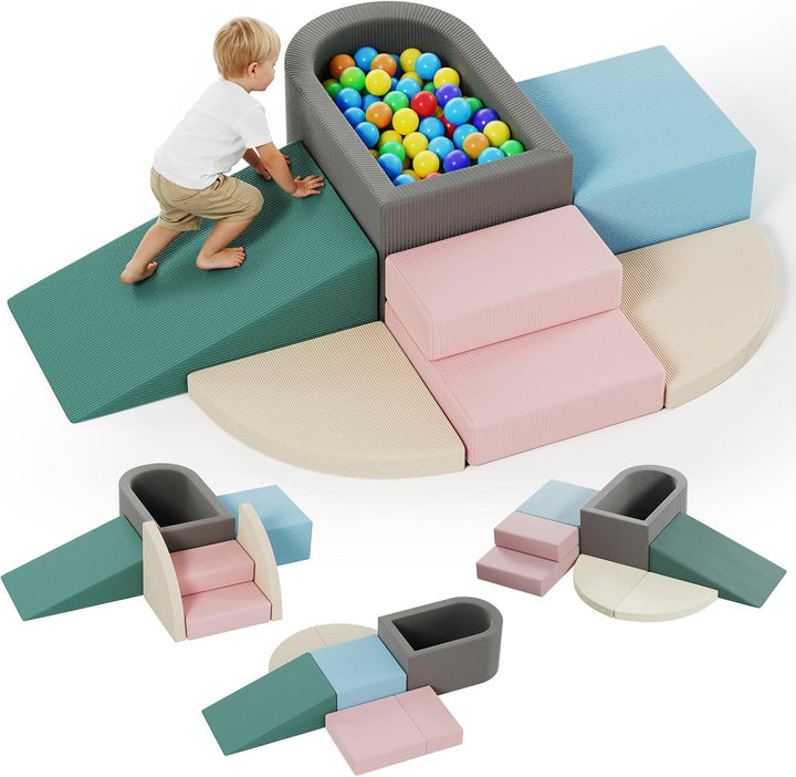 MAMIZO 7 PCS Schaumstoff Bausteine Kinder, Softbausteine Spielbausteine, Kletterblöcke mit Ballpool,