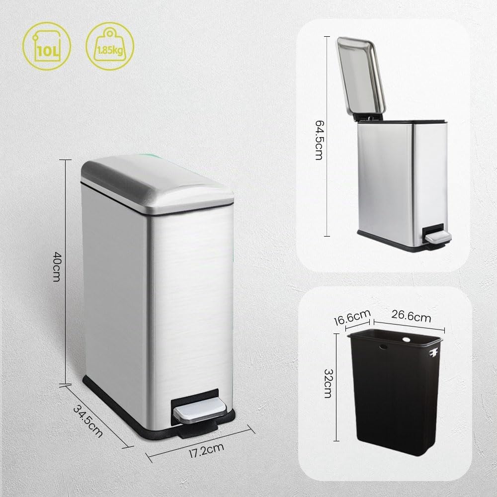 Mülleimer Bad 10L, Tretmülleimer Mit Inneneimer, Softclose, Silber silber 10L, silber 10L