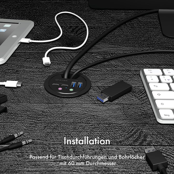 Icy Box Hub 4-Port USB 3.0 IB-HUB1403B Tischeinbau, 60 mm 2 x USB-A + 2 USB-C + Audio 60 mm, 2 x USB