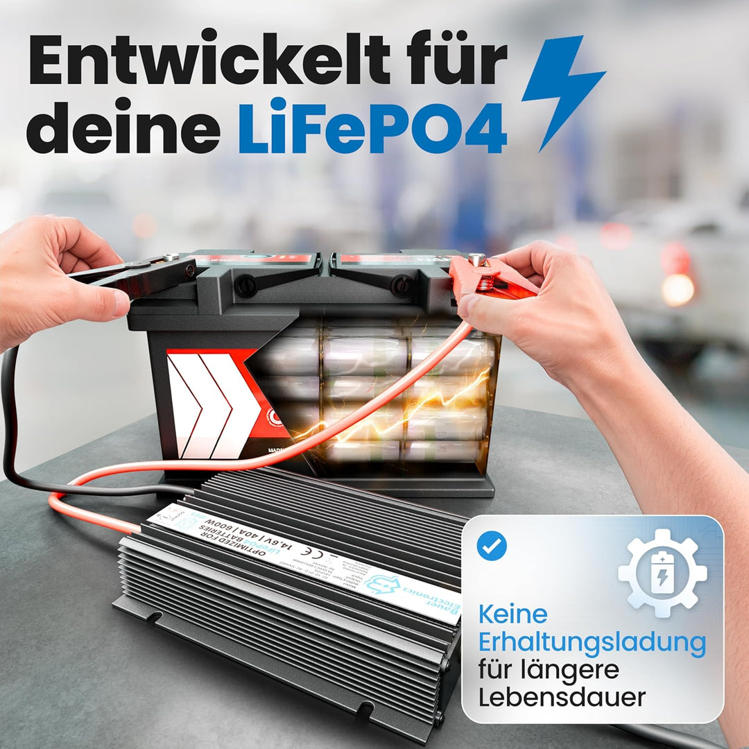 12V Batterie-Ladegerät LiFePO4 14,6V 40A 600W | Optimiert für Lithium-Eisenphosphat-Akku | Auto-Batt
