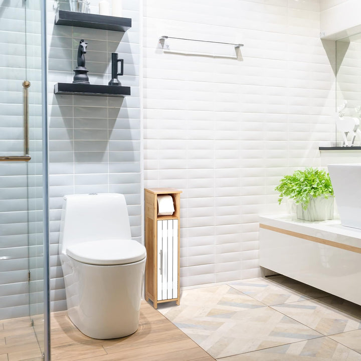Relaxdays Toilettenpapierhalter stehend, Badezimmeregal HBT: 71x18x20 cm, MDF &amp; Bambus, WC Papier Sc