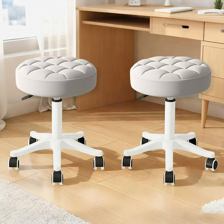 Kleiner Hocker – Runder Rollhocker mit Rädern – Höhenverstellbarer Drehschemel aus PU-Leder – Arbeit