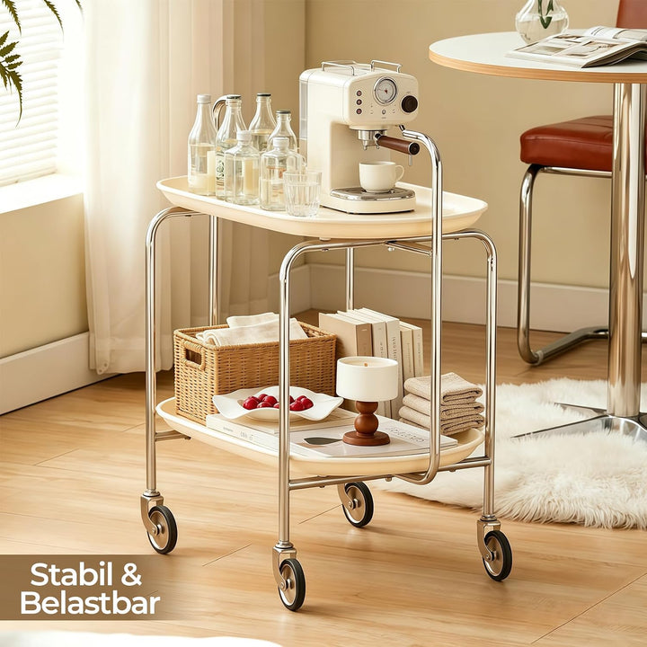 Servierwagen mit 2 Ablageebenen, 65x40x70 cm, Beige Runder Servierwagen mit Rollen, Runder Servierwa