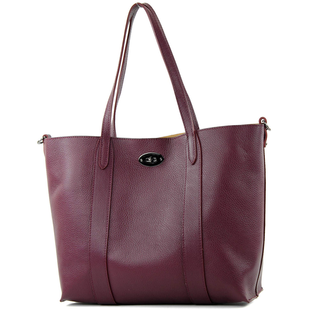 modamoda de - T187 - ital. Shopper DIN A4 Leder Damentasche mit Innentasche Bordeauxviolett, Bordeau