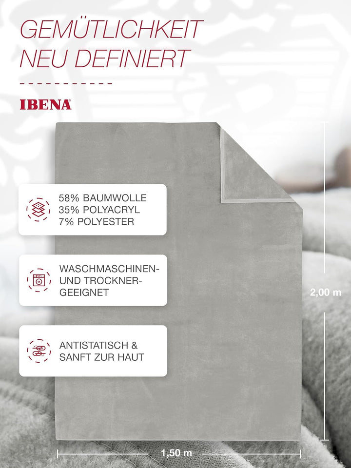 Ibena Porto Decke 150x200 cm – Baumwollmix weich, warm &amp; waschbar, Kuscheldecke hellgrau einfarbig 1