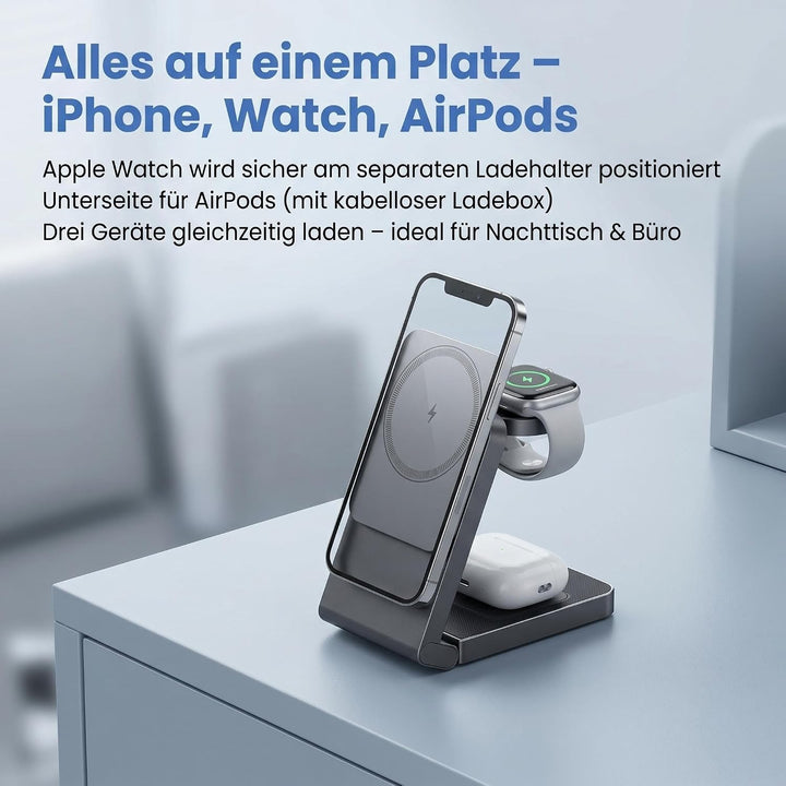 3 in 1 Ladestation für iPhone/Apple Watch/AirPods mit 20W Adapter Metalgrau, Metalgrau