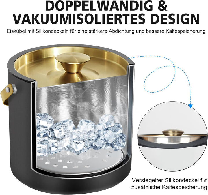 3.2L Moderner isolierter Eiskübel mit Silikondeckel, Schaufel, Sieb, doppelwandiger Eiskübel aus Ede