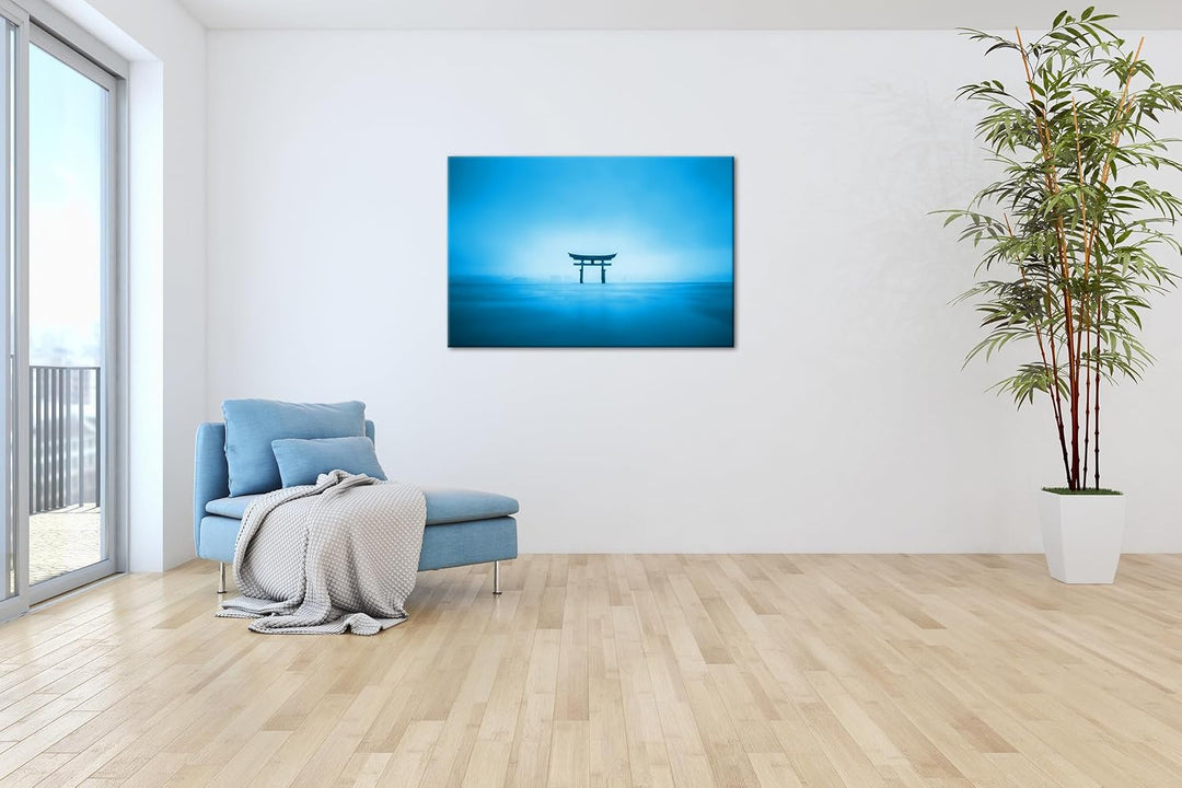 deyoli Schrein in Japan am Meer Format: 80x60 cm Effekt: Monocrome Blau als Leinwandbild, Motiv fert