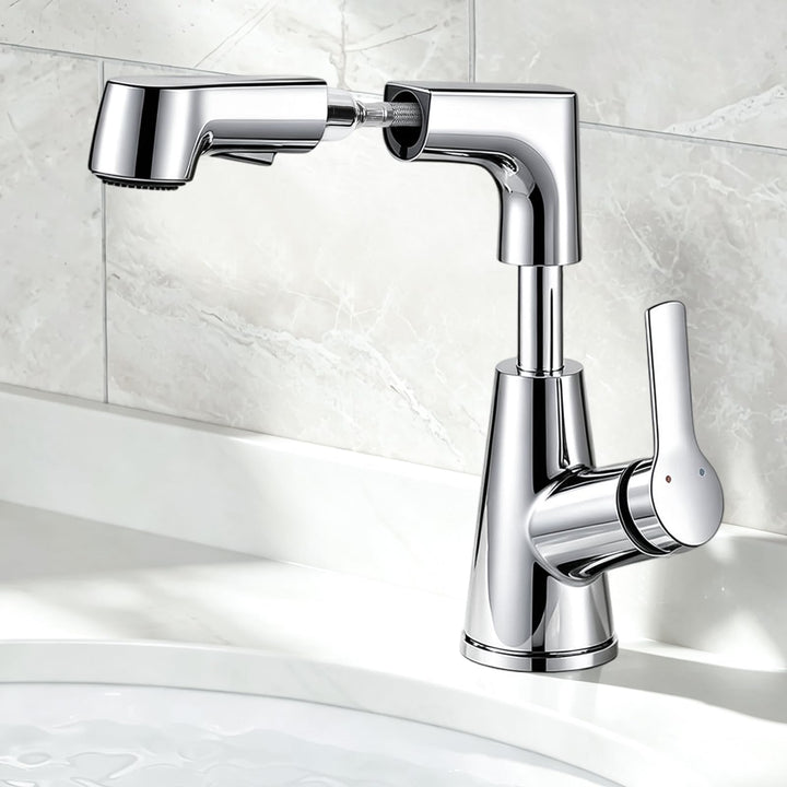 Wasserhahn Bad Höhenverstellbar 6cm Messing 360° Drehbar Chrom | Waschtischarmatur mit Herausziehbar
