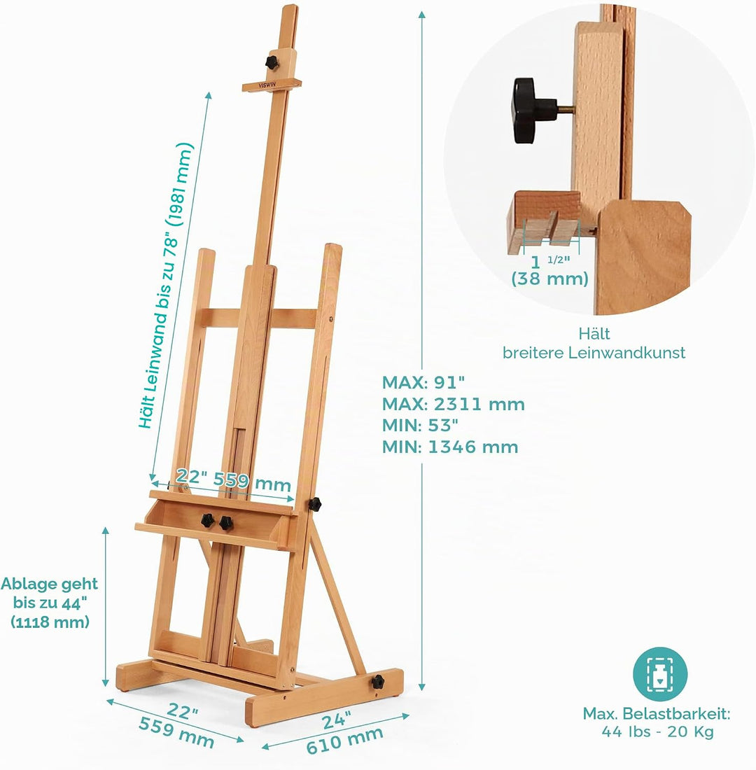 VISWIN H-Staffelei Holz Gross, Verstellbare Atelierstaffelei aus Buchenholz mit Ablage 135-231cm, Ma
