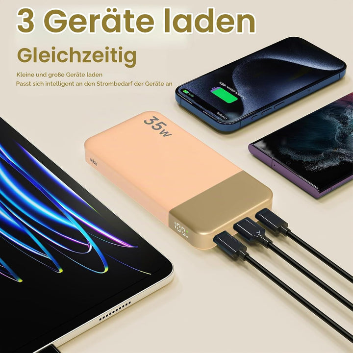 NOBIS 35W Power Bank 10000mAh, Externer Akku Mit Digitalanzeige Orange, Orange