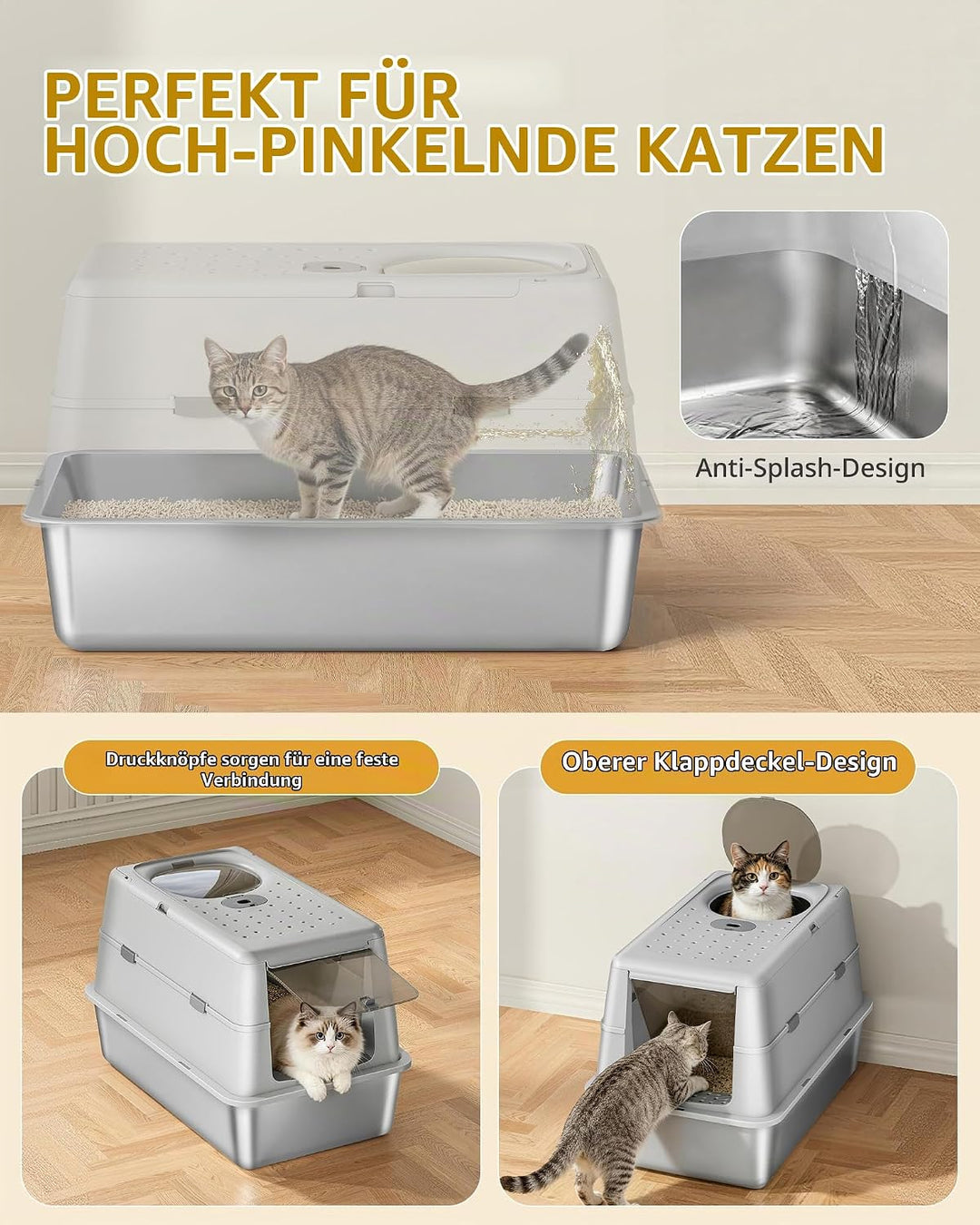 Hzuaneri Edelstahl Katzenklo XXL mit Deckel, Doppeltür, 60 × 40 × 42 cm, Geschlossenes Katzentoilett