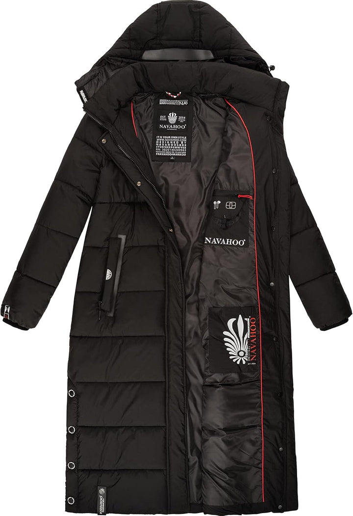 Navahoo Damen Wintermantel warmer Steppmantel lang mit abnehmbarer Kapuze Isalie XS-3XL M Schwarz, M