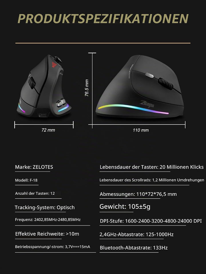 Kabellose Ergonomische Maus mit Joystick, vertikale Bluetooth-Gaming-Maus, 12 programmierbare Tasten