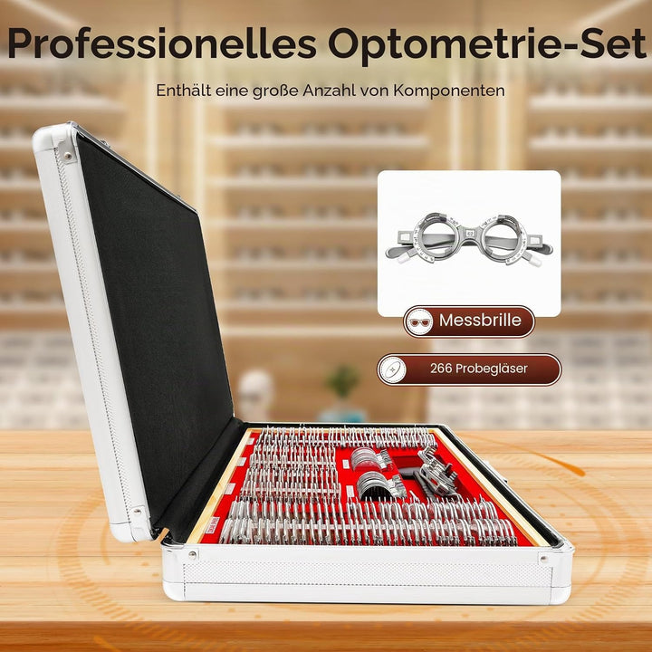 266Pcs Testlinsen-Set, 57x36x9.5cm Optisch Messbrille Linse Augenoptiker Metal Optometry Optical Tri