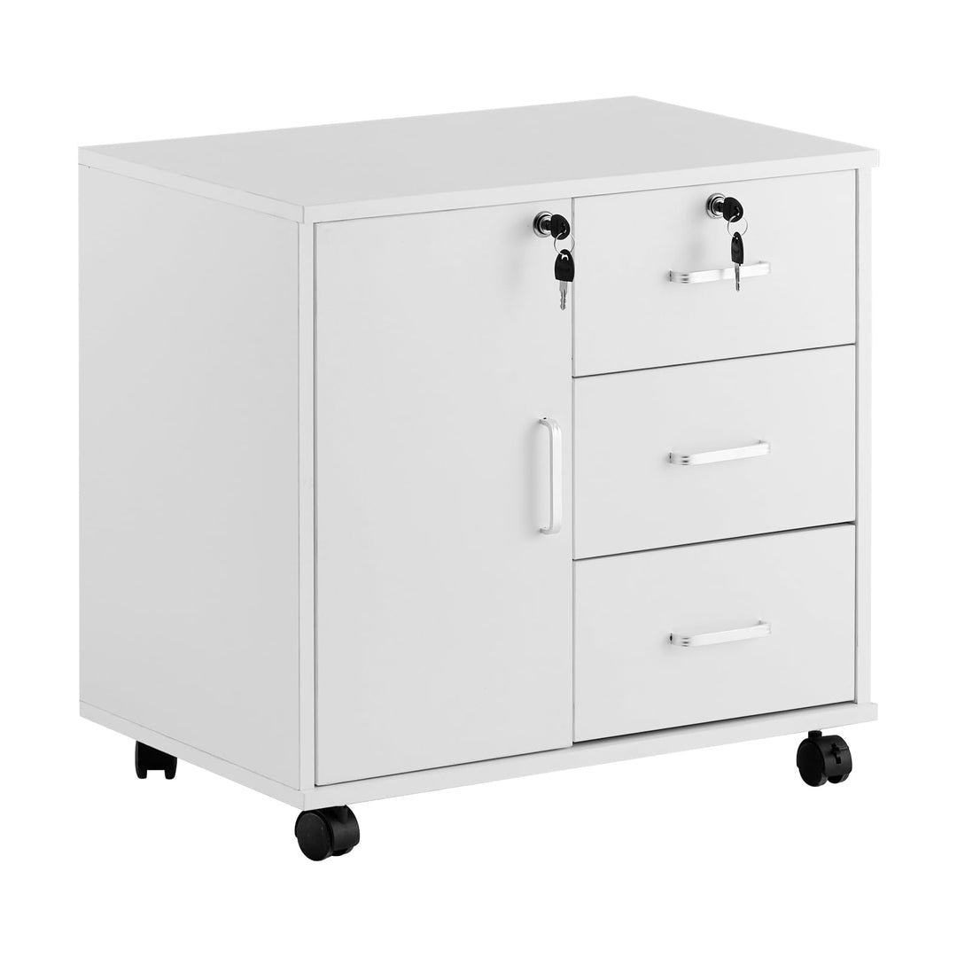 ZBAOLTO Rollcontainer Aktenschrank aus Holz, Abschliessbar Büroschrank mit 3 Schubladen und Tür, Ver