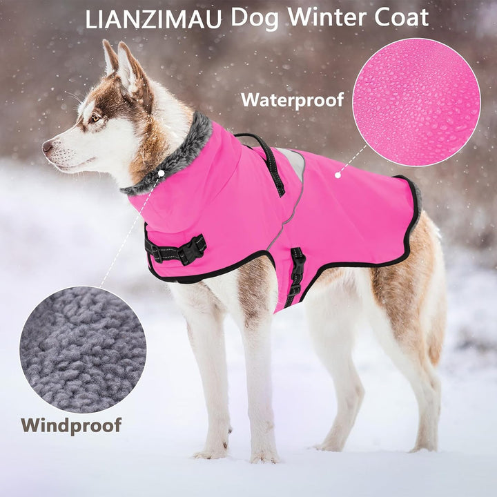 LIANZIMAU Wasserdichter Hundemantel mit Geschirr Wintermantel Hundepullover Fleece Reflektierende Hu