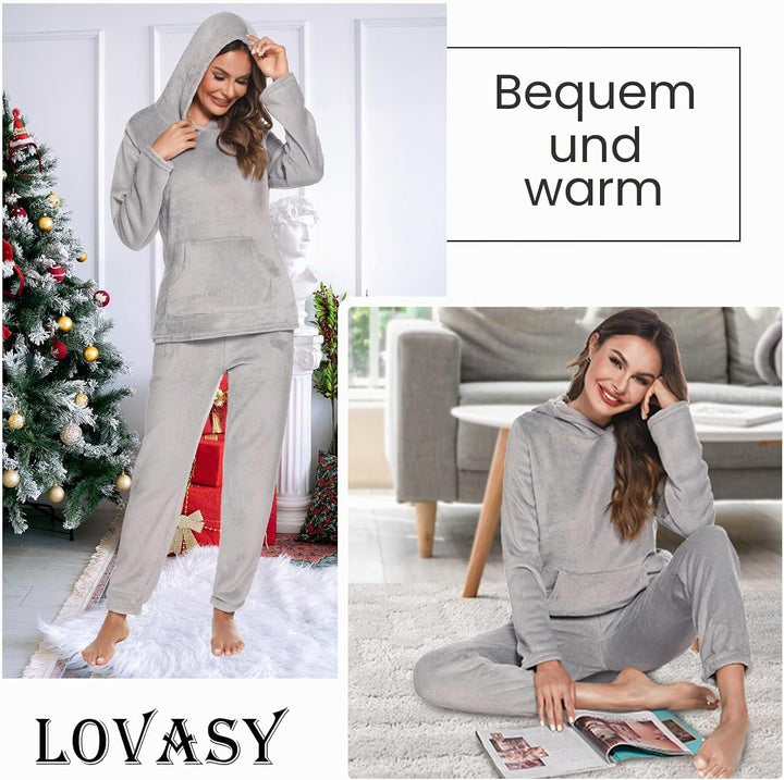 Lovasy Fleece Schlafanzug Damen Lang Winter Warmer Pyjama Set Flauschiger Frottee Schlafanzüge für D