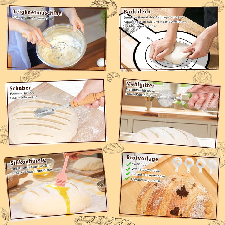 Charmofun Gärkörbchen Sauerteig Starter Set, Gärkorb Brot mit 2 Silikon Gärkorb Oval und Rund, Kompl