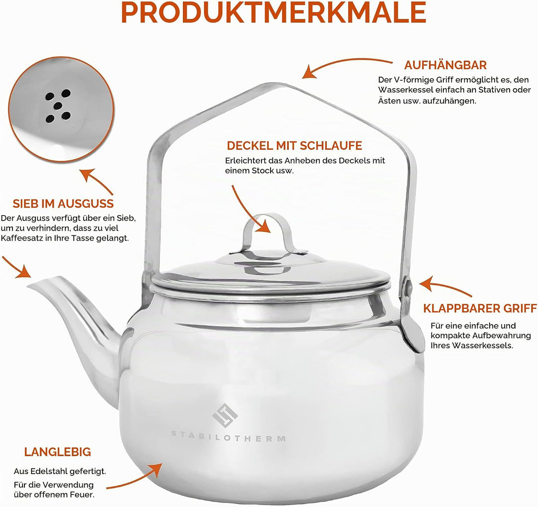 STABILOTHERM Edelstahl Outdoor-Kaffeekessel 1 Liter I ideal für Lagerfeuer &amp; Grill – Teekessel Wasse