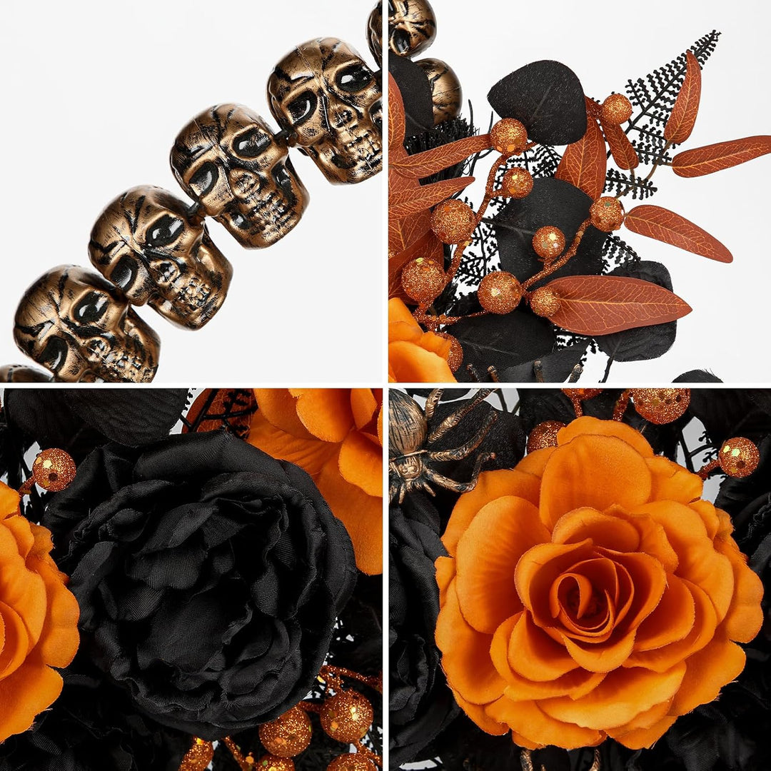Briful Halloween Türkranz 66cm – Künstlicher Gruselkranz mit Schädel, Spinne, Schwarze &amp; Orange Rose